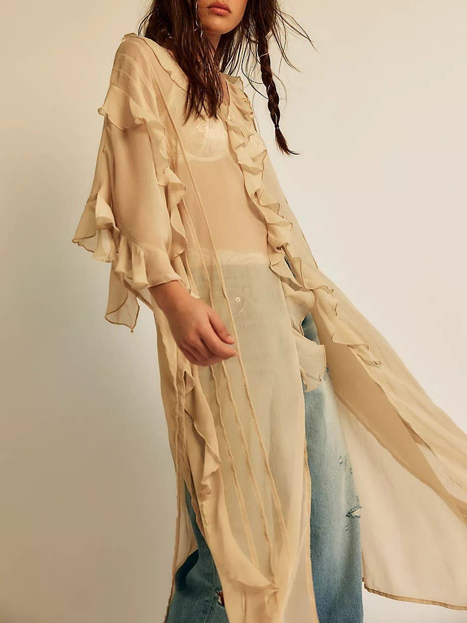 Boho lightweight sheer ruffle maxi top duster kimono jacket: OffWhite / M