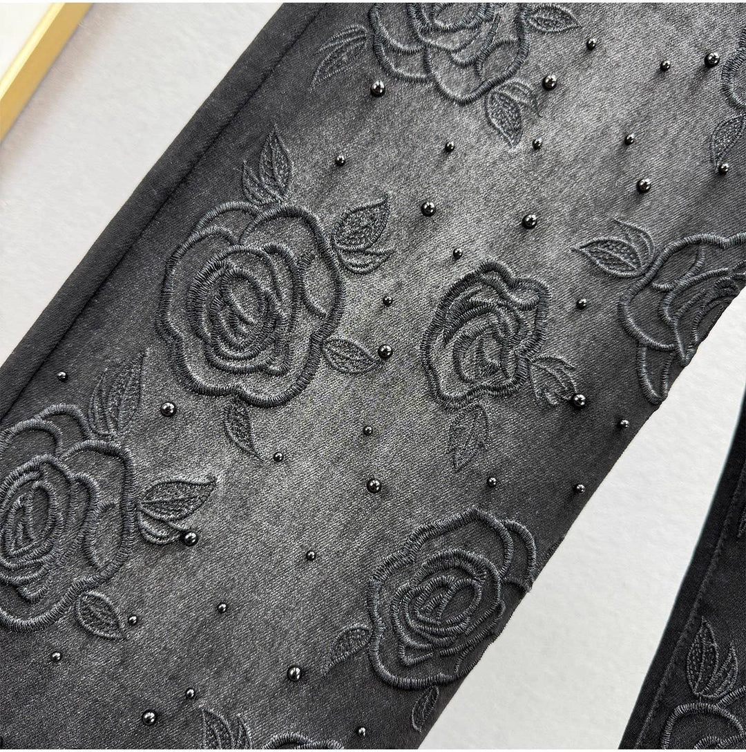 PT41Y Black High Waist Straight Leg Beaded Denim Pants: Color as pictures / English / XS