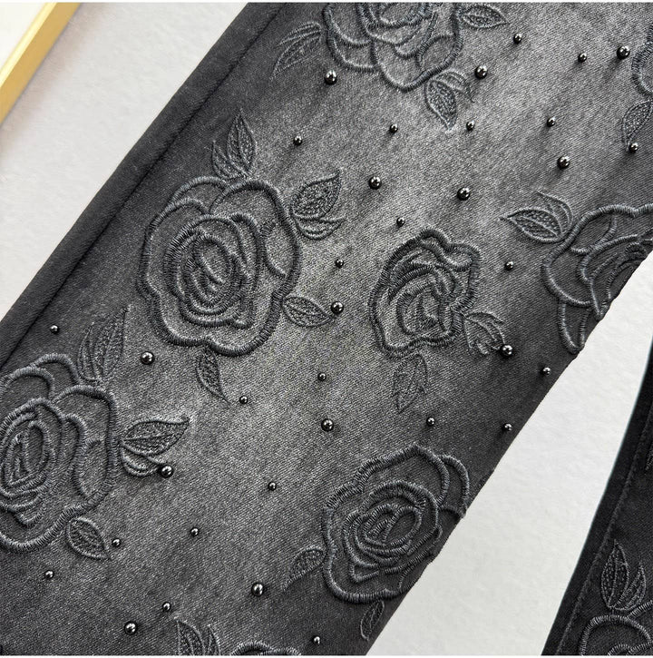 PT41Y Black High Waist Straight Leg Beaded Denim Pants: Color as pictures / English / XS