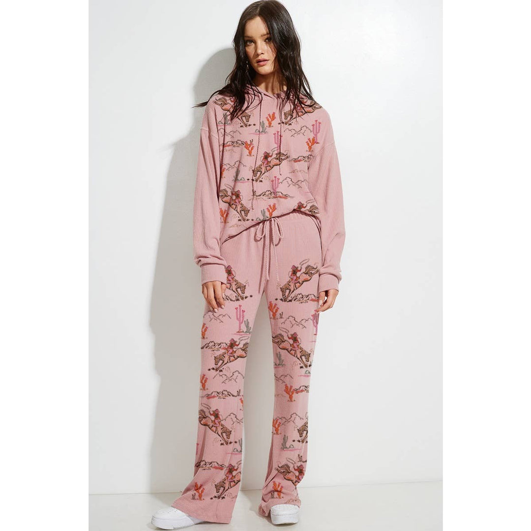 Desert Cowgirl Print Rib Hoodie Loungewear Set : Taupe / M