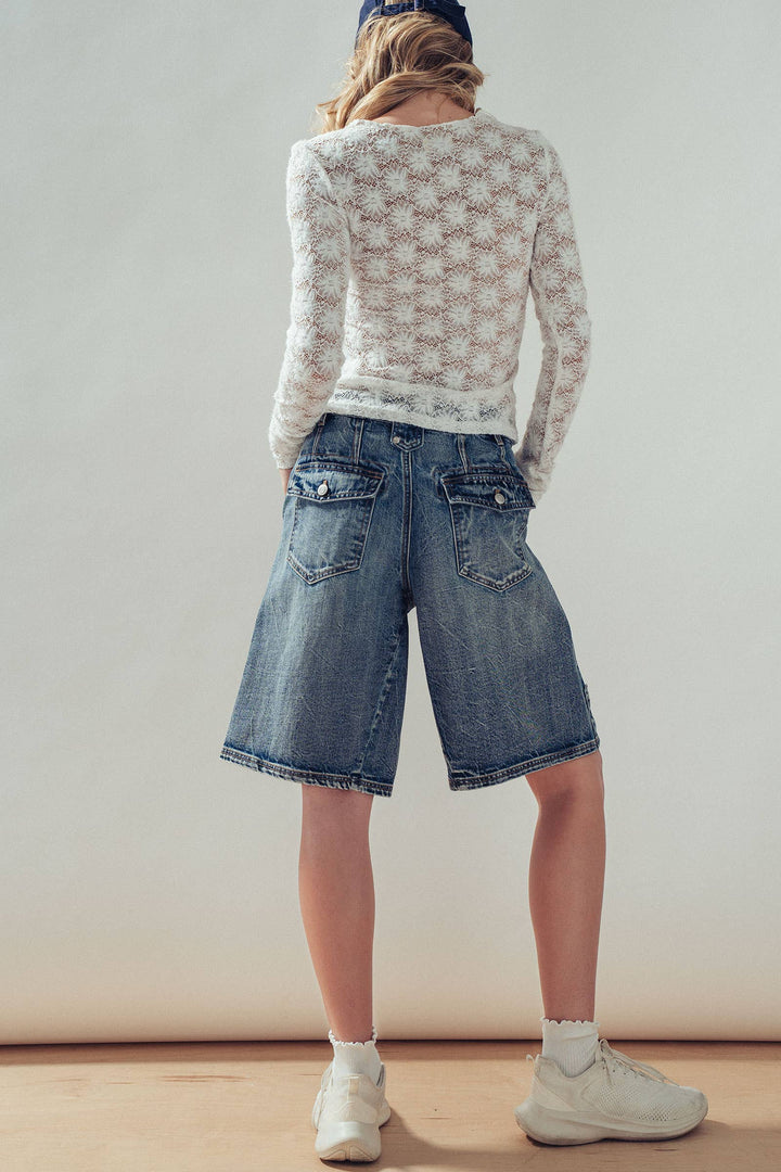 Wide-Leg Utility Denim Bermuda Shorts