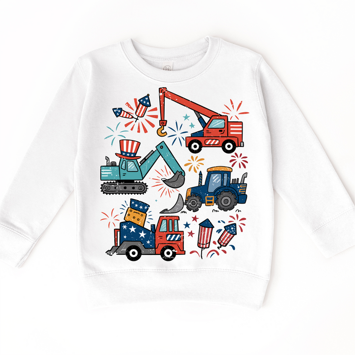 All American Construction Trucks Kids Shirt | 4th of July Boy Tee | Excavator Tractor Fireworks Shirt | Patriotic Toddler Tee: Natural Short Sleeve Tee