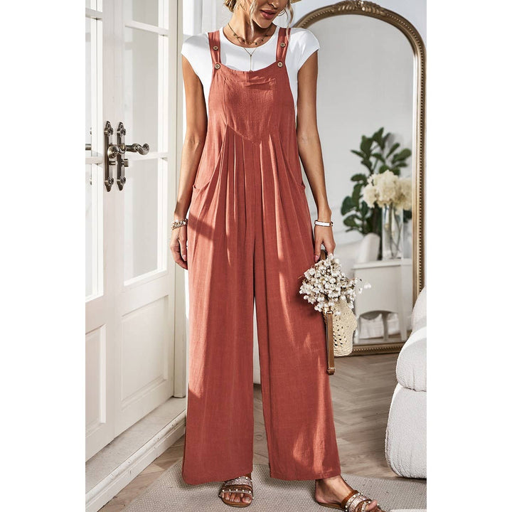 Button Detail Wide Leg Overall Pockets Jumpsuit: BEIGE / M