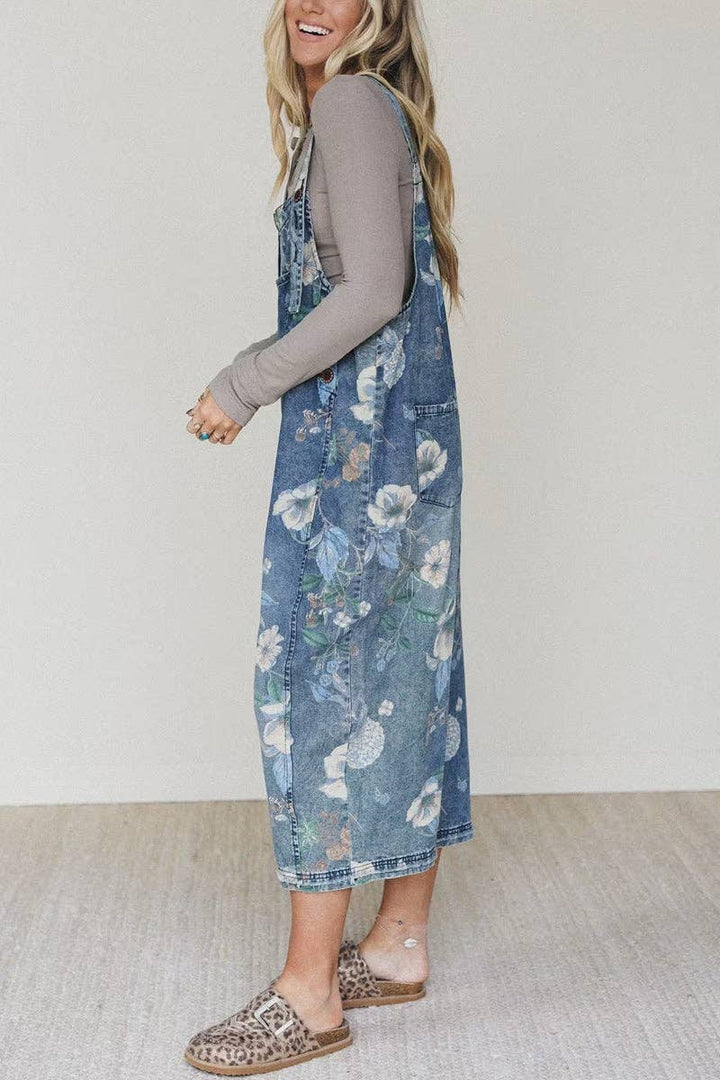 Floral Pattern Denim Jumpsuit Overalls