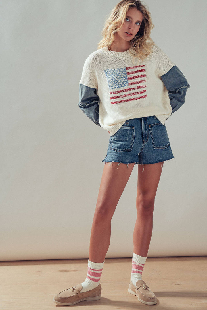American Flag Mixed Media Denim Sleeve Sweater: IVORY / S-M-L:2-2-2