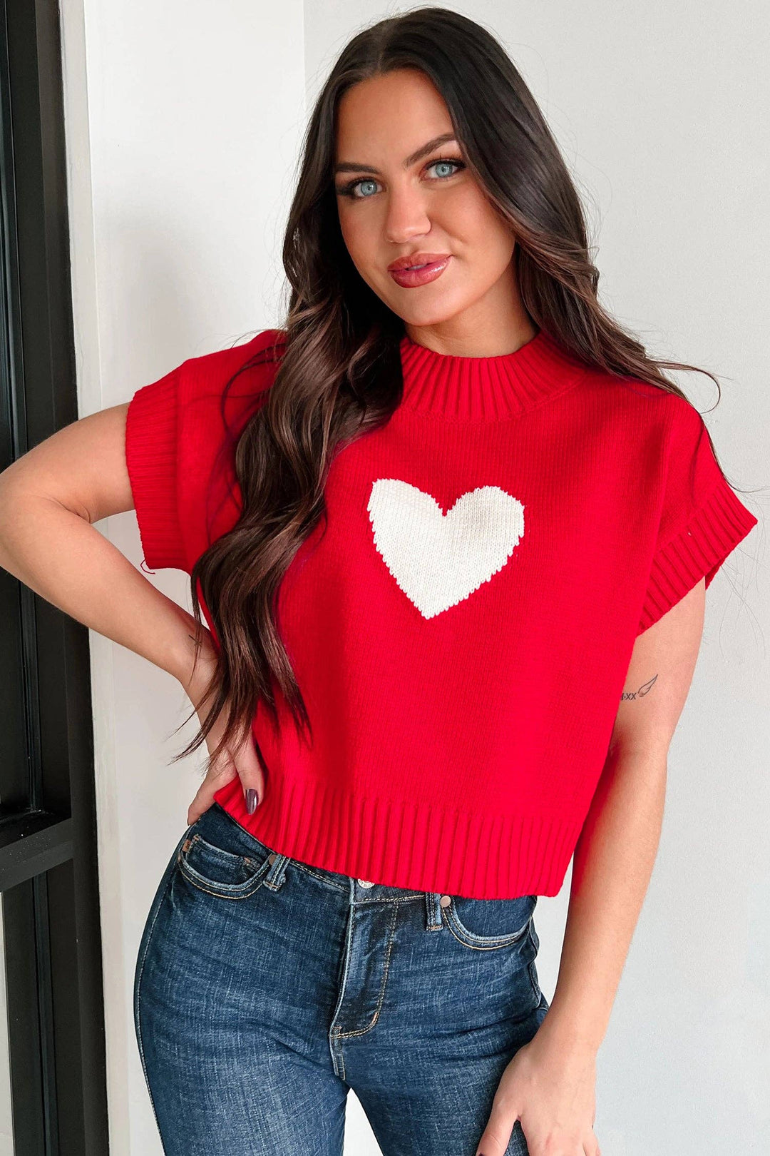 Fiery Red Valentine Heart Graphic Cropped Short Sleeve Sweater: Fiery Red / 52%Viscose+26%Polyester+22%Polyamide / S