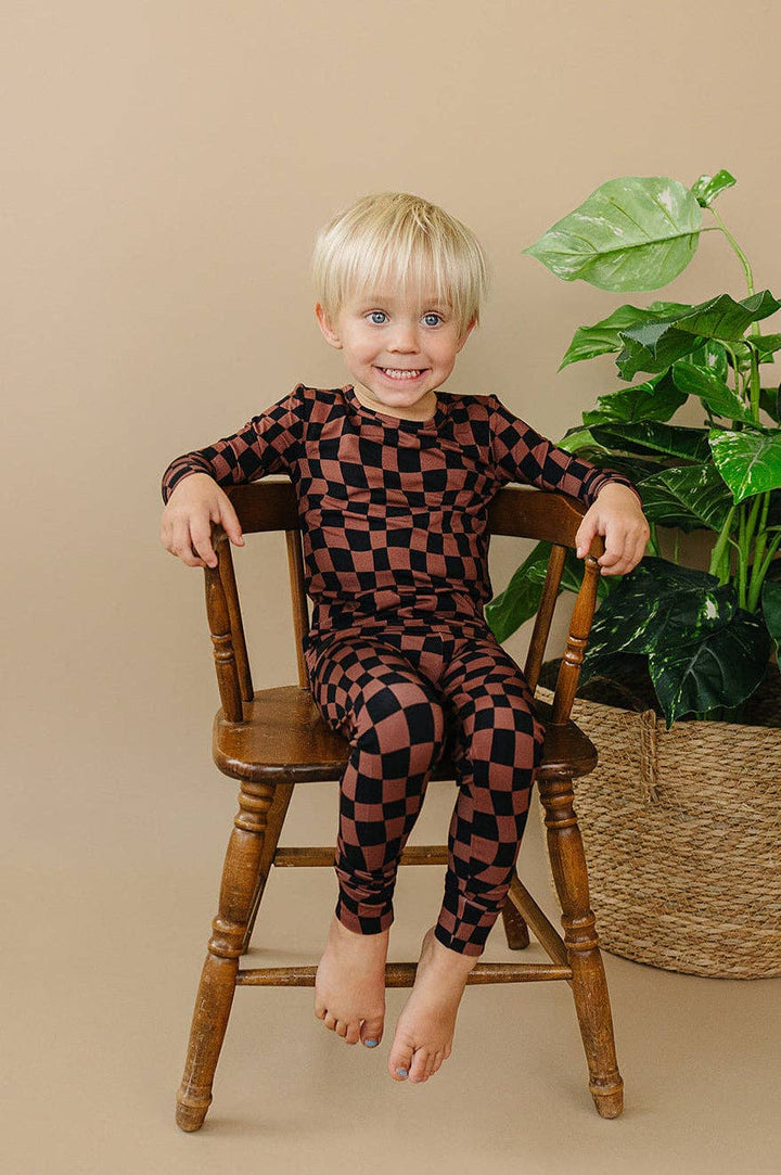 Bamboo Two Piece Set | Chocolate Wavy Checkered: 6-7Y