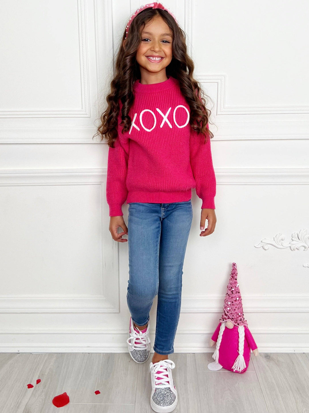 "XOXO" Embroidered Chunky Knit Sweater: Pink / 4T