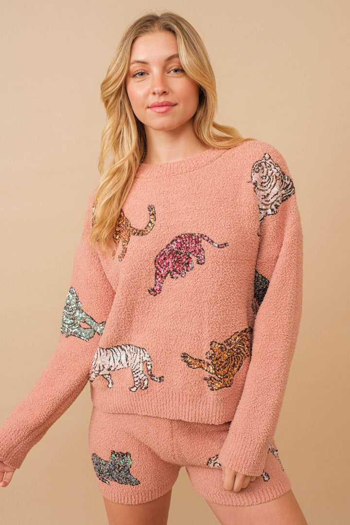 34242SET-Cozy Multi Tiger Sequin op with Matching Shorts: HOT PINK / M