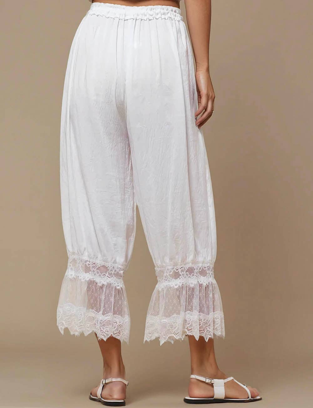Ladies Elastic Waist Lace String Tie Lantern Pants: Coffee / L