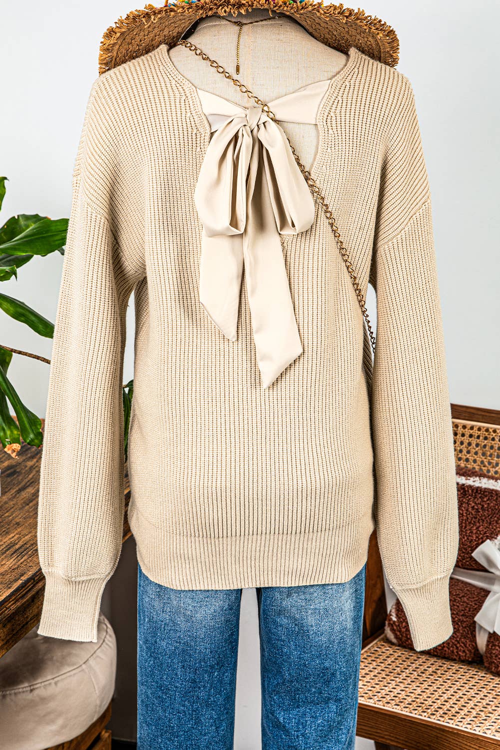 Valentine Lantern Sleeve V Neck Knot Back Sweater: Red / Missy / M