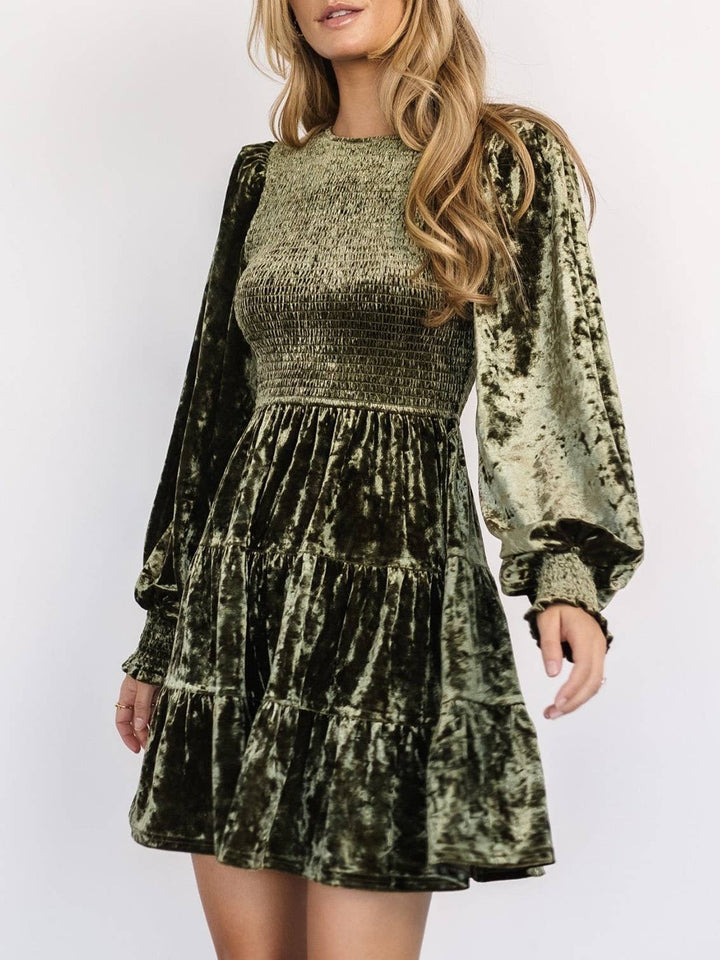 Velvet Ruffled Crewneck Dress: Brown / S