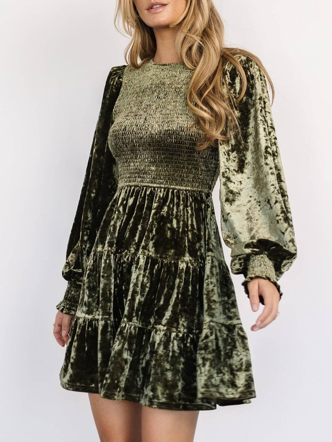 Velvet Ruffled Crewneck Dress: DarkGreen / S