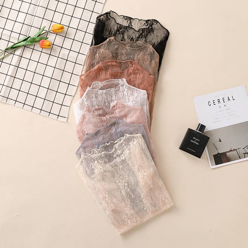 Semi Sheer Mesh Floral Lace Layering See Through Top: Caramel / XL