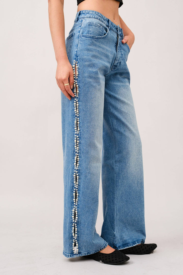 23423P - Pearl Embellished Cut Out Sides Jeans: MED WASH / S