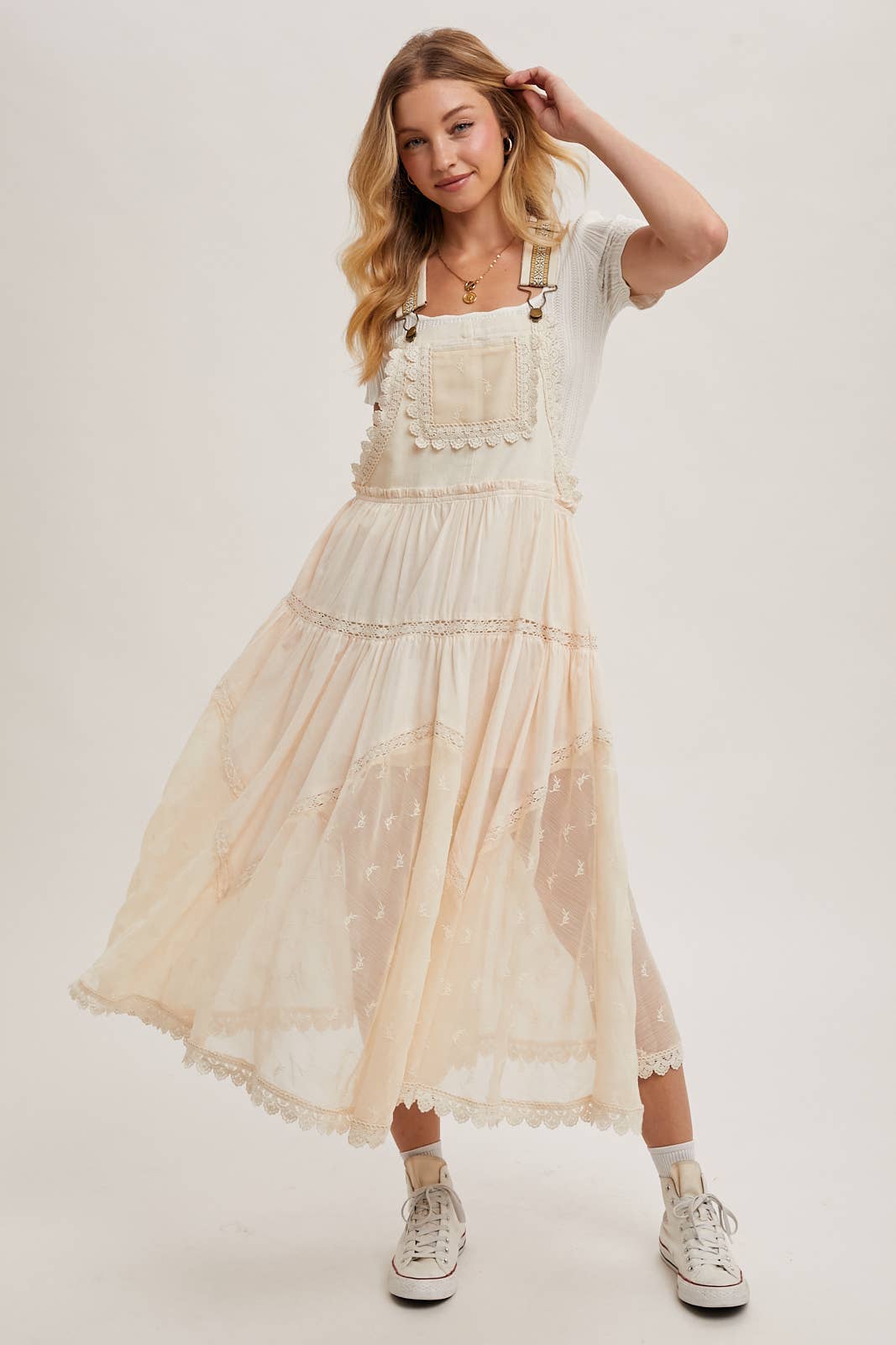 LACE EMBROIDERED TULLE BIB MAXI DRESS: ASH / L