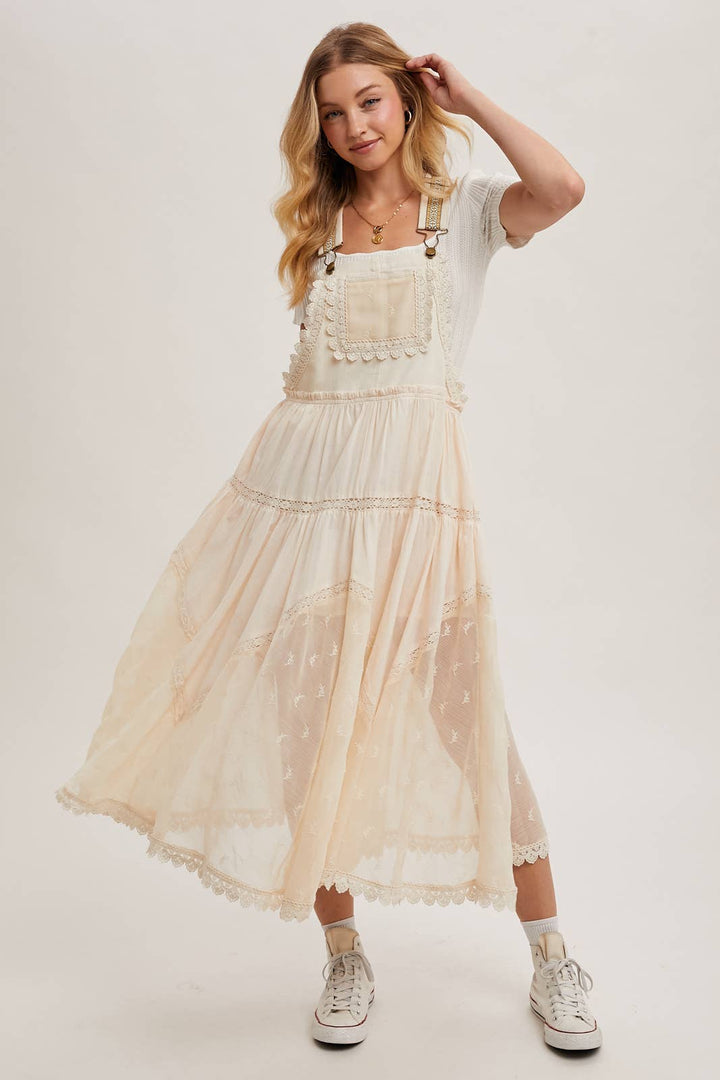 LACE EMBROIDERED TULLE BIB MAXI DRESS: ASH / L
