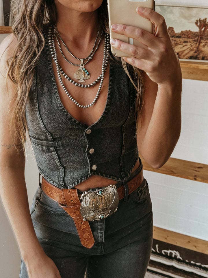Sexy Denim Cowgirl Vest Top: Black / S