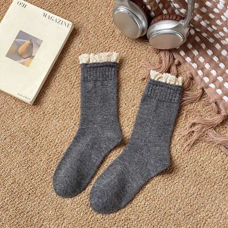 Retro lace dot yarn mid-tube women's socks soft waxy socks: Black