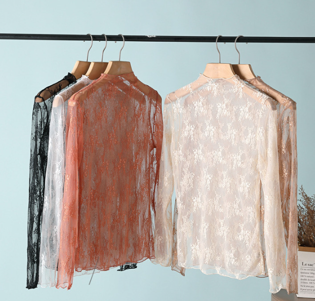 Semi Sheer Mesh Floral Lace Layering Top: Black / XL