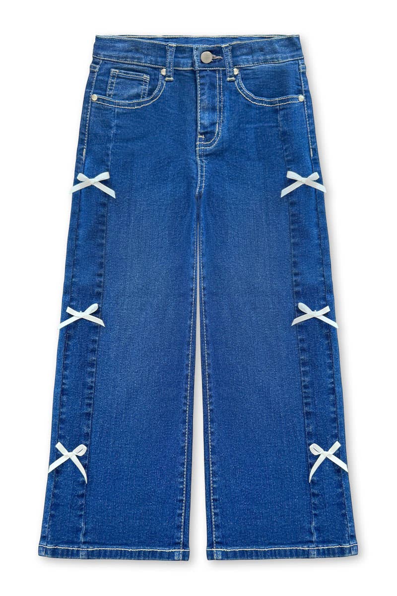 Girl's Wide Leg Denim Jean w/ Bows: Dark Denim / 8
