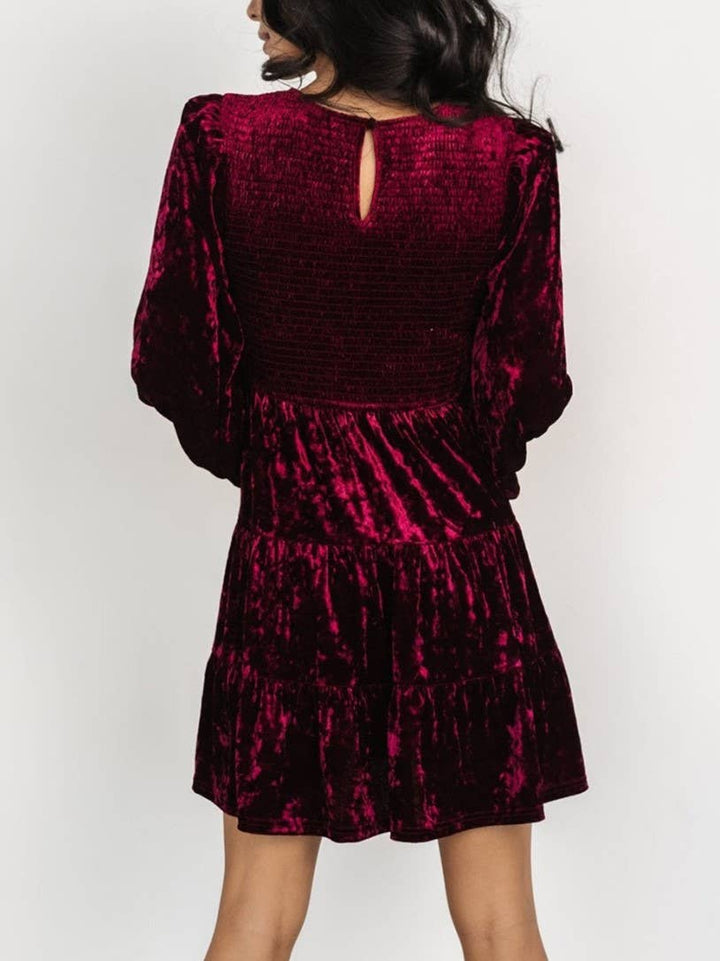 Velvet Ruffled Crewneck Dress: DarkGreen / S