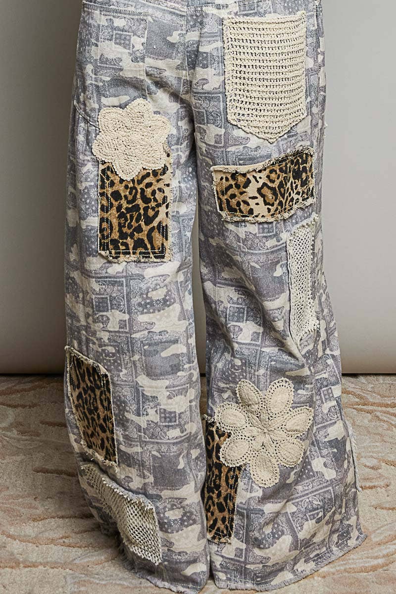 Crochet Contrast Patch Detail Chest Pocket Woven Overalls