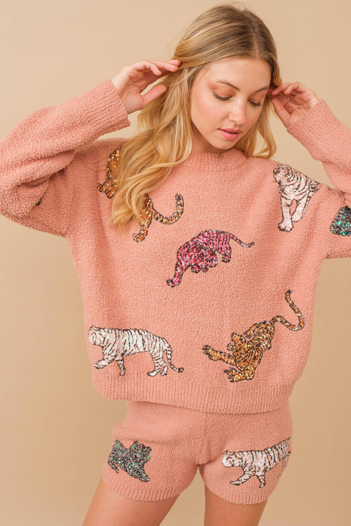 34242SET-Cozy Multi Tiger Sequin op with Matching Shorts: HOT PINK / M