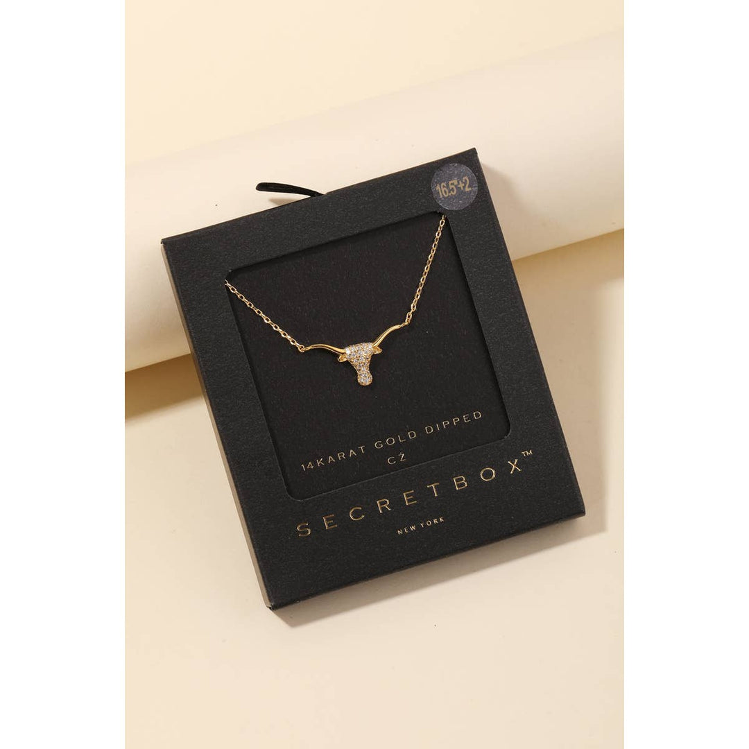 Secret Box Cz Stud Bull Head Pendant Necklace: WG