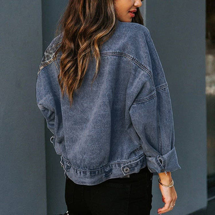 Street Leopard-Print Patchwork Denim Jacket: Blue / M