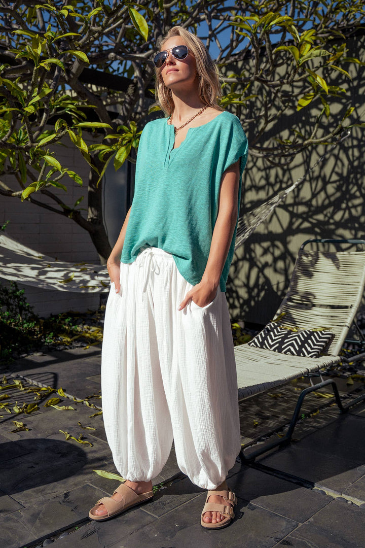 Split Neck Cap Sleeve Cotton Blend Top: Beige / S-M-L:2-2-2