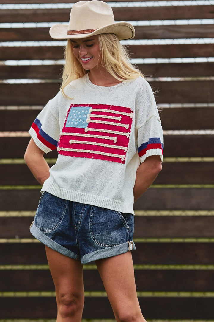 American Flag Applique Knit Sweater with Stripe