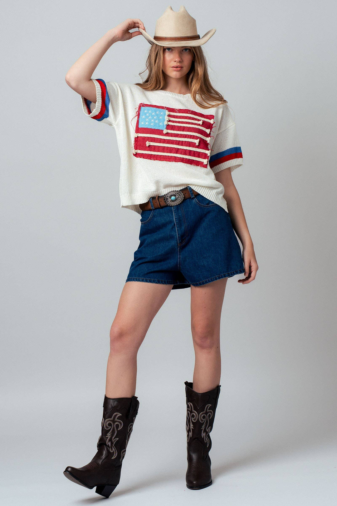 American Flag Applique Knit Sweater with Stripe