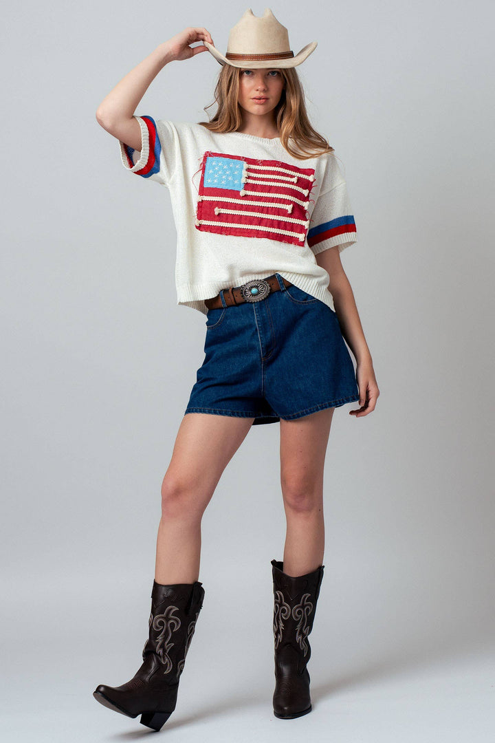 American Flag Applique Knit Sweater with Stripe
