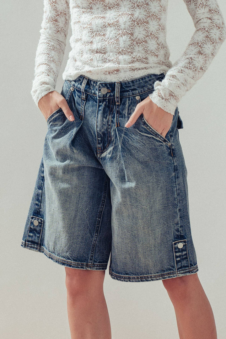 Wide-Leg Utility Denim Bermuda Shorts