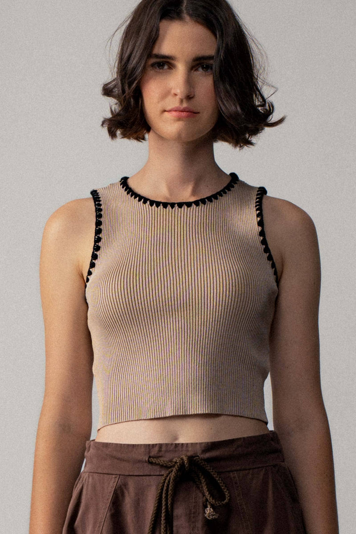 Scalloped Ribbed Knit Crop Top: KHAKI / S-2/M-2/L-2