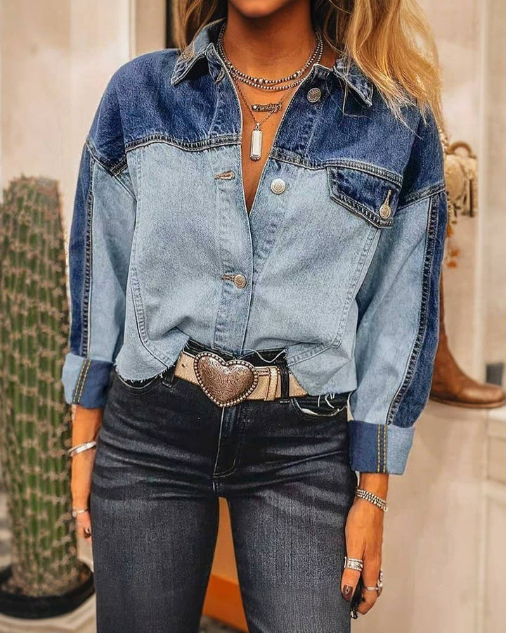 Retro Two Tone Cropped Denim Jacket: Blue / XS