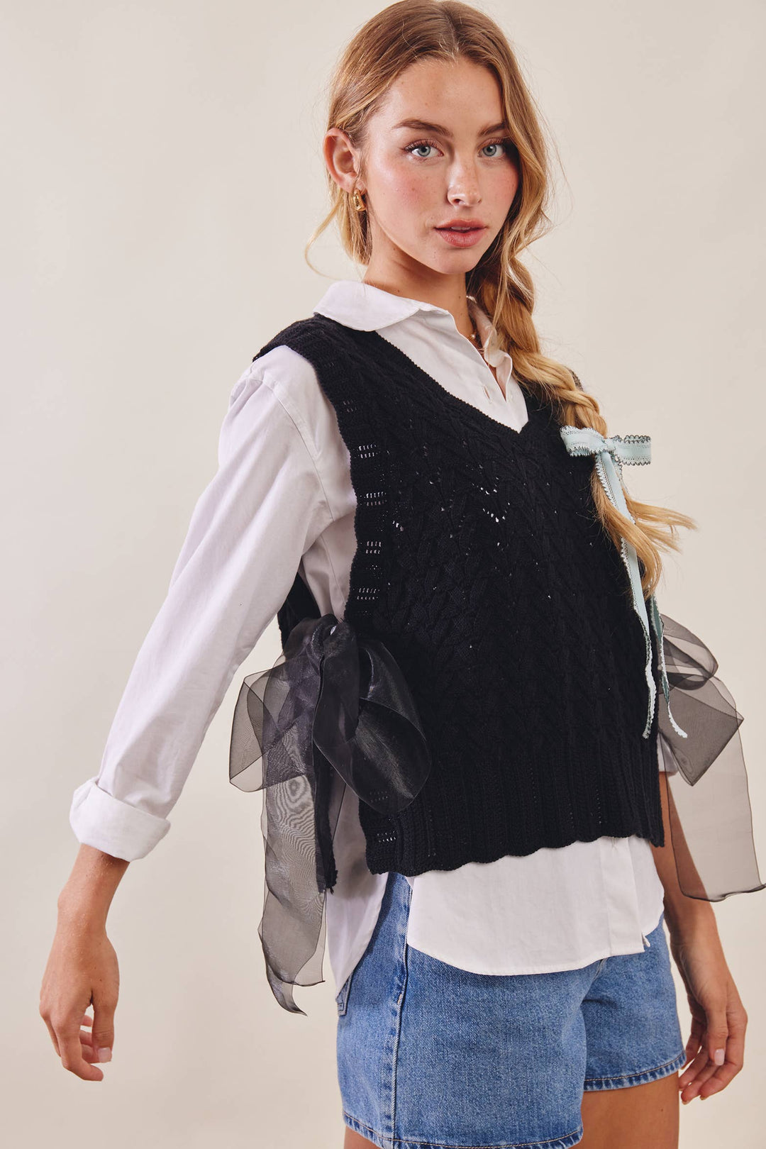 Pointelle Knit Ribbon-Tie Vest Top