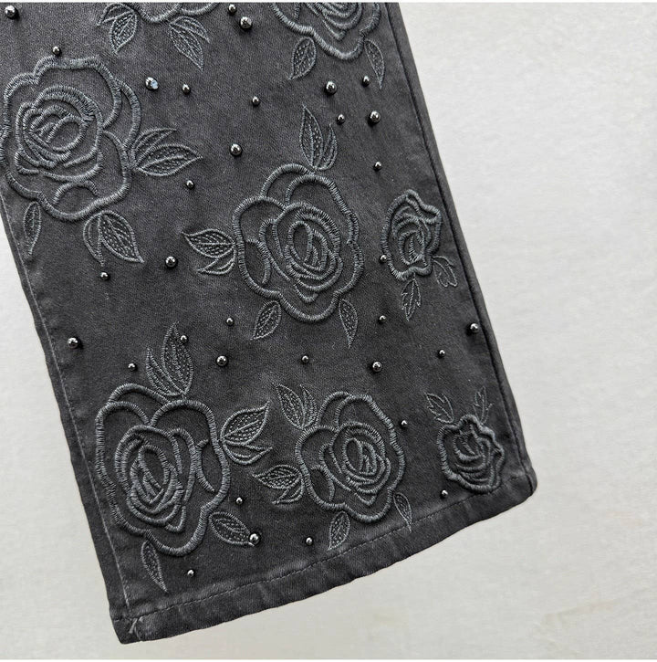 PT41Y Black High Waist Straight Leg Beaded Denim Pants: Color as pictures / English / S