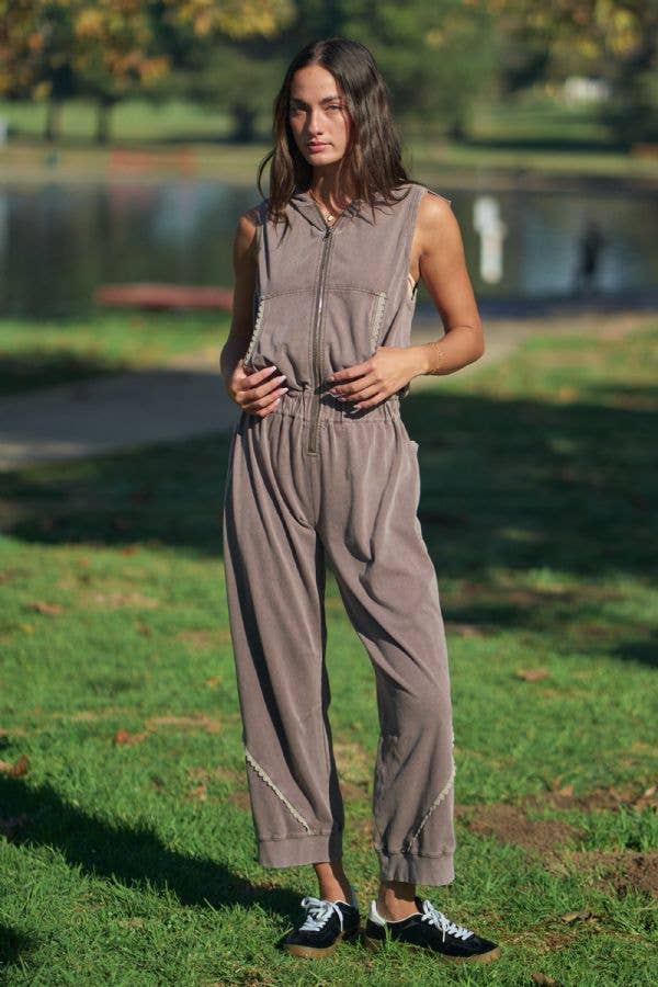 WASHED LACE TRIM HOODIE JOGGER JUMPSUIT