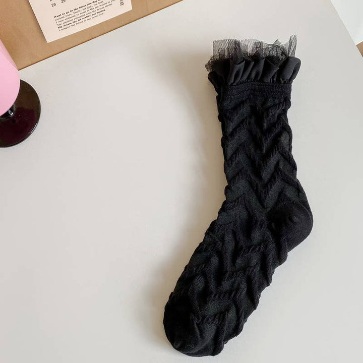 Women's cute lolita style lace socks lace mid-tube socks: White-A
