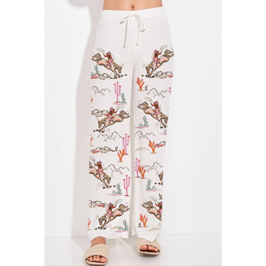 Desert Cowgirl Print Rib Hoodie Loungewear Set : Taupe / M