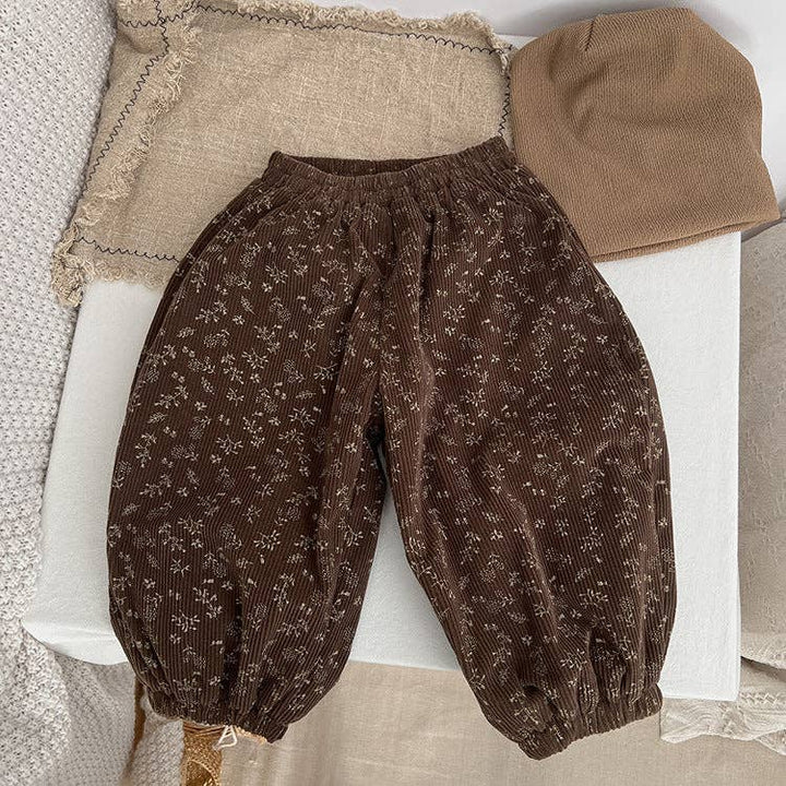 Baby Girl Ditsy Flower Pattern Corduroy Fabric Loose Thickened Pants In Winter: Coffee / 100 (2-3Y)