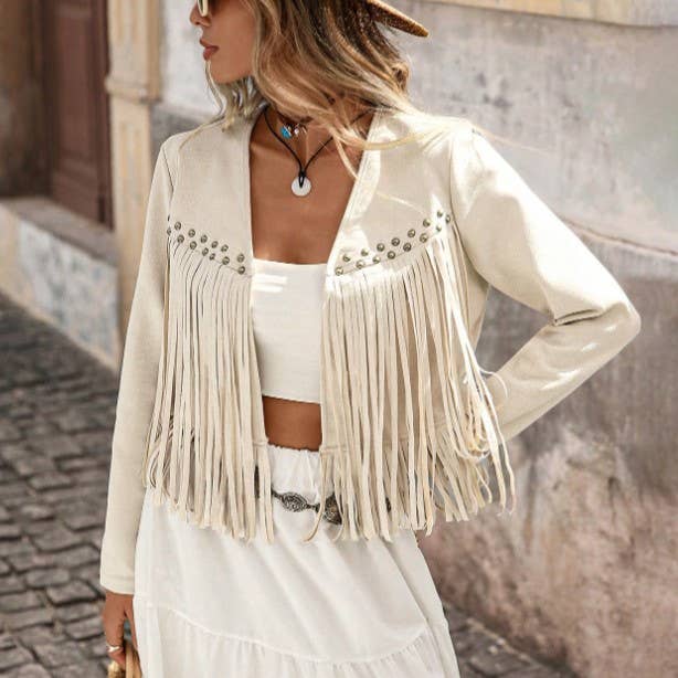 Studded Faux Suede Fringe Western Boho Jacket: Brown / 2XL