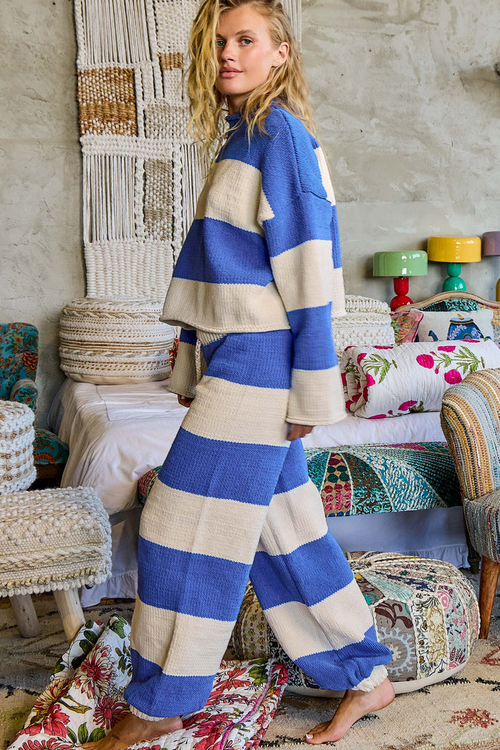 Bohemian Stripe Wide Leg Pull On Cozy Chenille Knit Pants