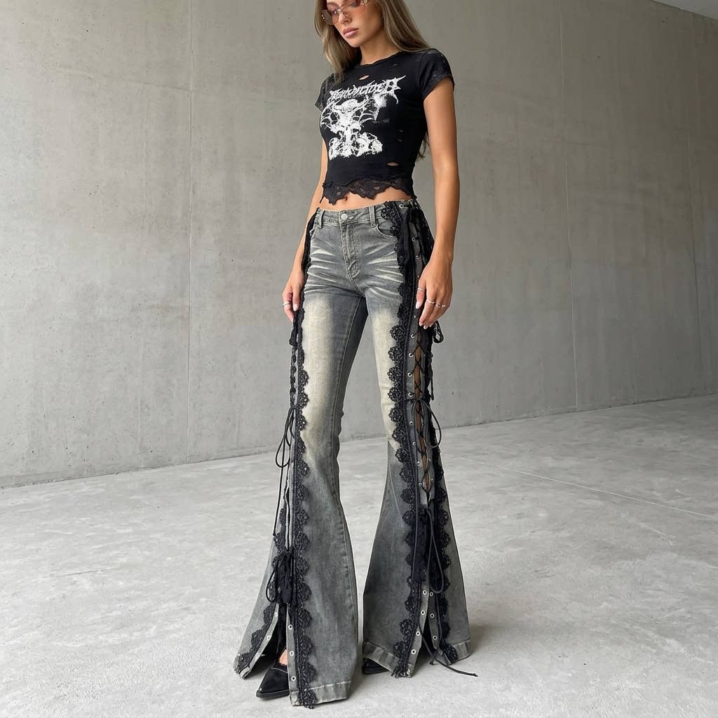 Punk Rock Lace-Up Flare Jeans - Grey Wash
