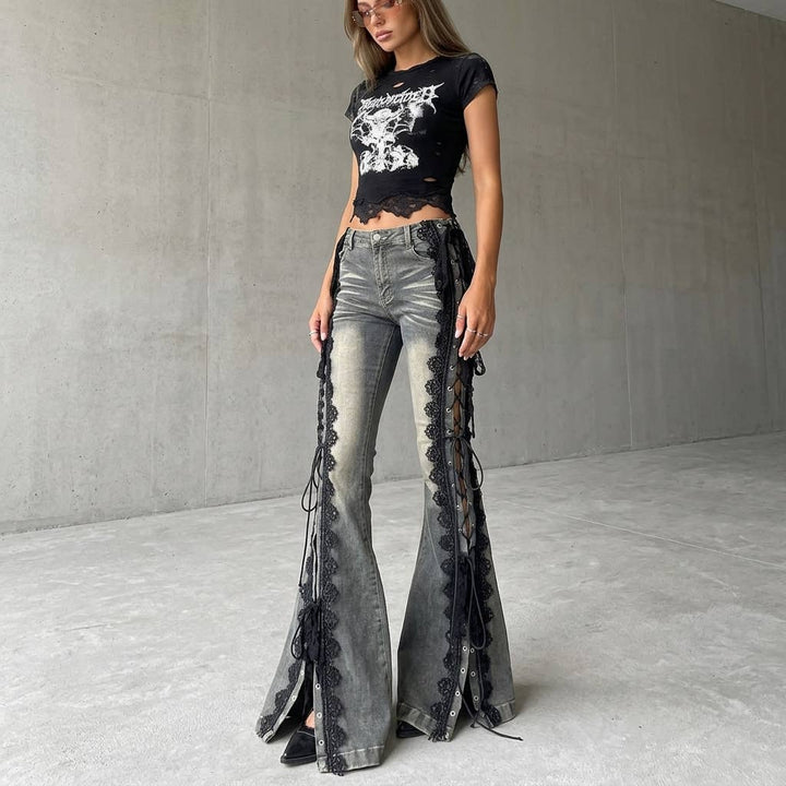 Punk Rock Lace-Up Flare Jeans - Grey Wash