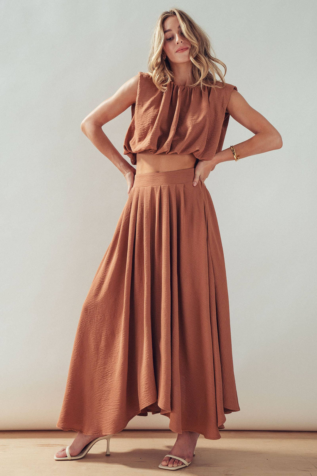 High-Waist Pleated High-Low Maxi Skirt