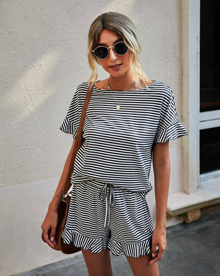 Striped Ruffle Lounge Set: Khaki / L