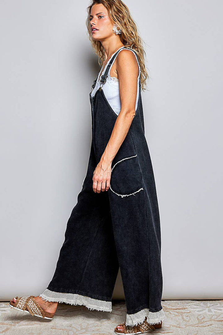 Thermal Cotton Lace Rib Placket Metal Snap Wide Leg Overall